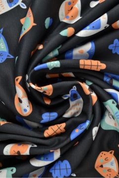 Sweatshirtstoff - Orange/Blue Wood Animals on Black