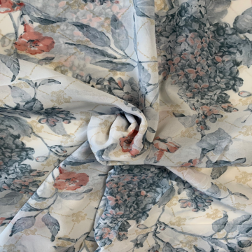 Chiffon - Soft Red/Grey Flowers on Off White