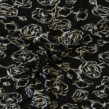 Viskose Jersey - White Art Roses on Black