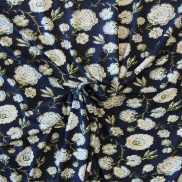 Viskose Jersey - Light Blue and Ocher Flowers on Dark Blue