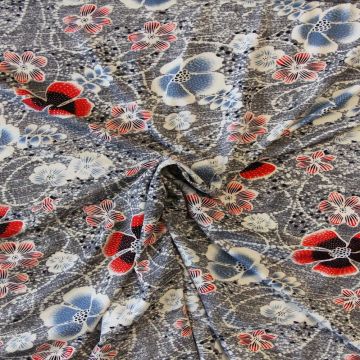 Viskose Jersey - Soft Blue and Red Flowers in Grey